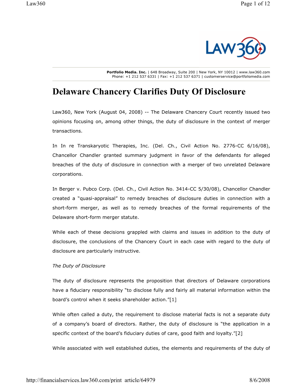 Delaware Chancery Clarifies Duty of Disclosure