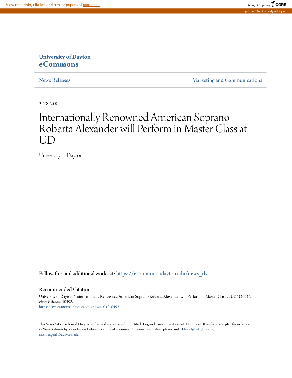 Internationally Renowned American Soprano Roberta Alexander Will Perform in Master Class at UD University of Dayton