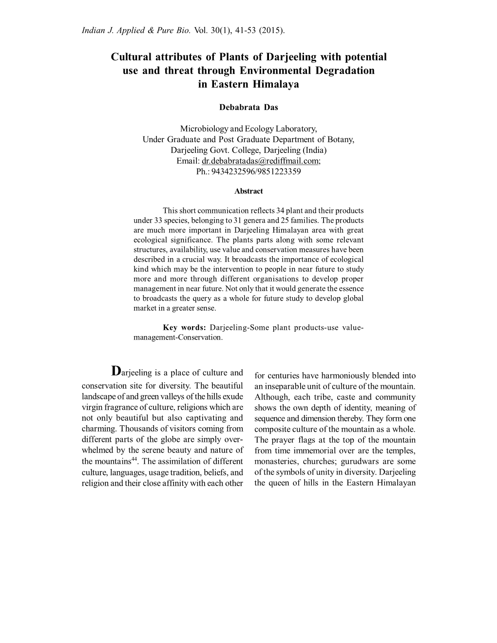 Cultural Attributes of Plants of Darjeeling with Potential Use and Threat Through Environmental Degradation in Eastern Himalaya