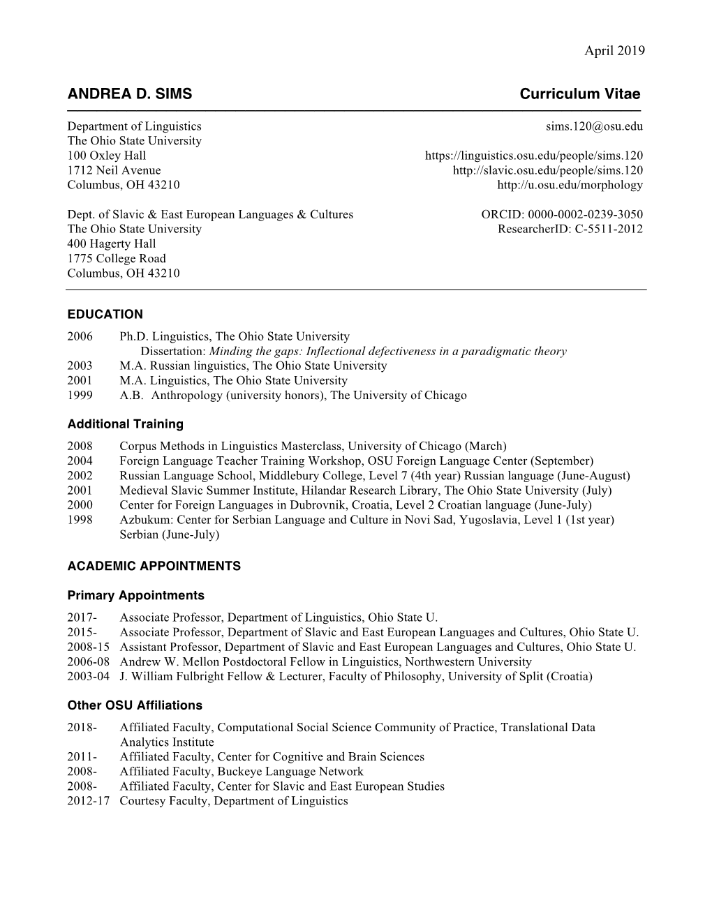 ANDREA D. SIMS Curriculum Vitae