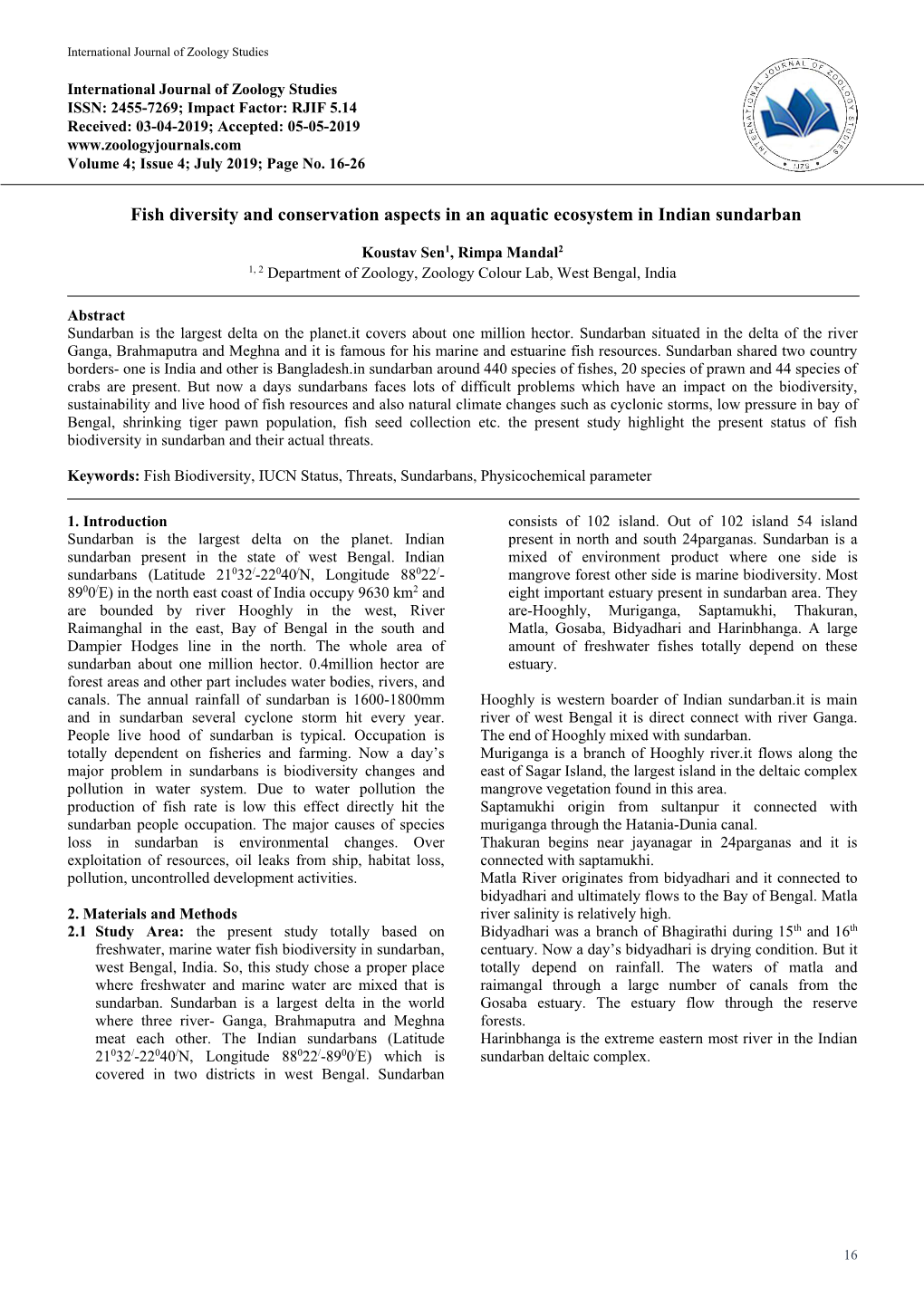 Fish Diversity and Conservation Aspects in an Aquatic Ecosystem in Indian Sundarban