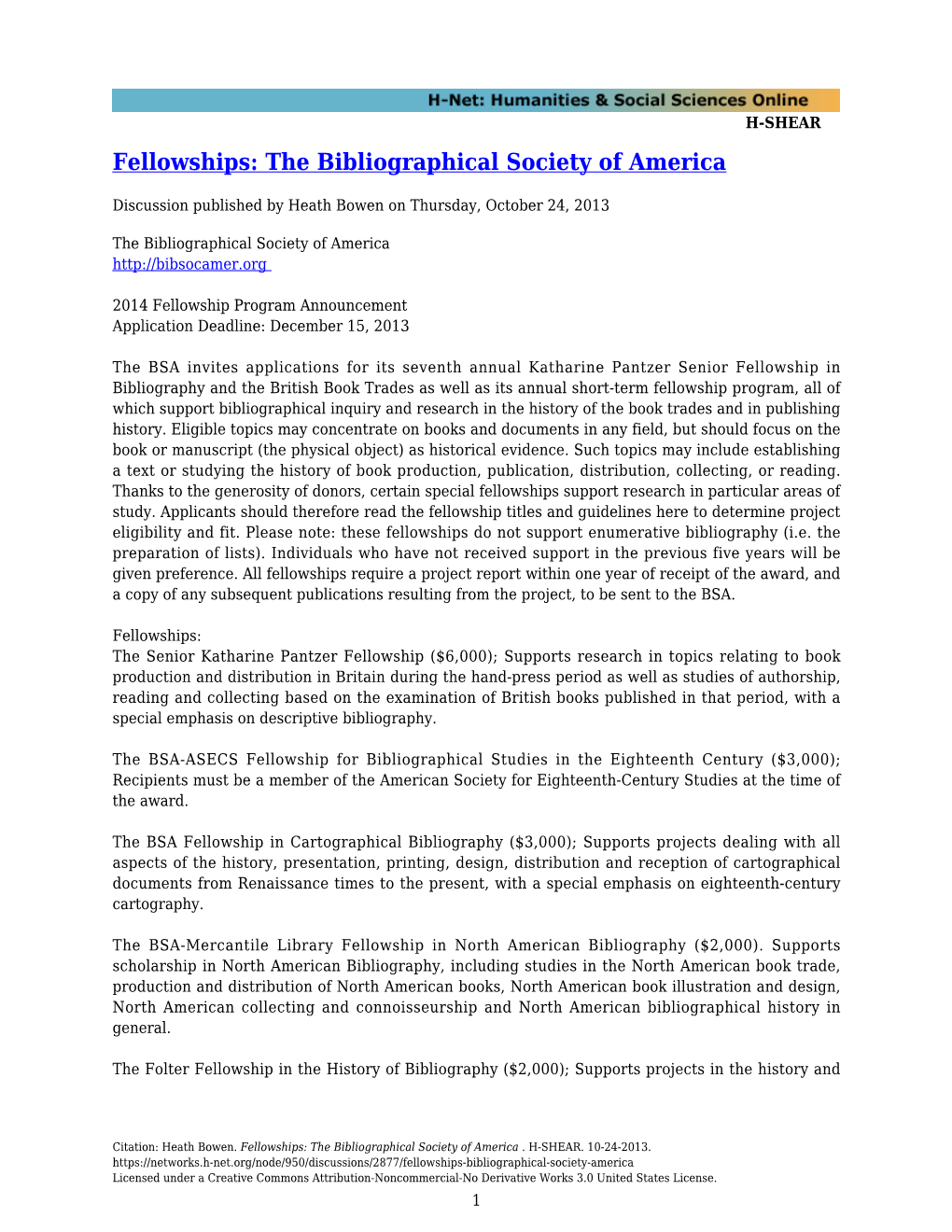 Fellowships: the Bibliographical Society of America