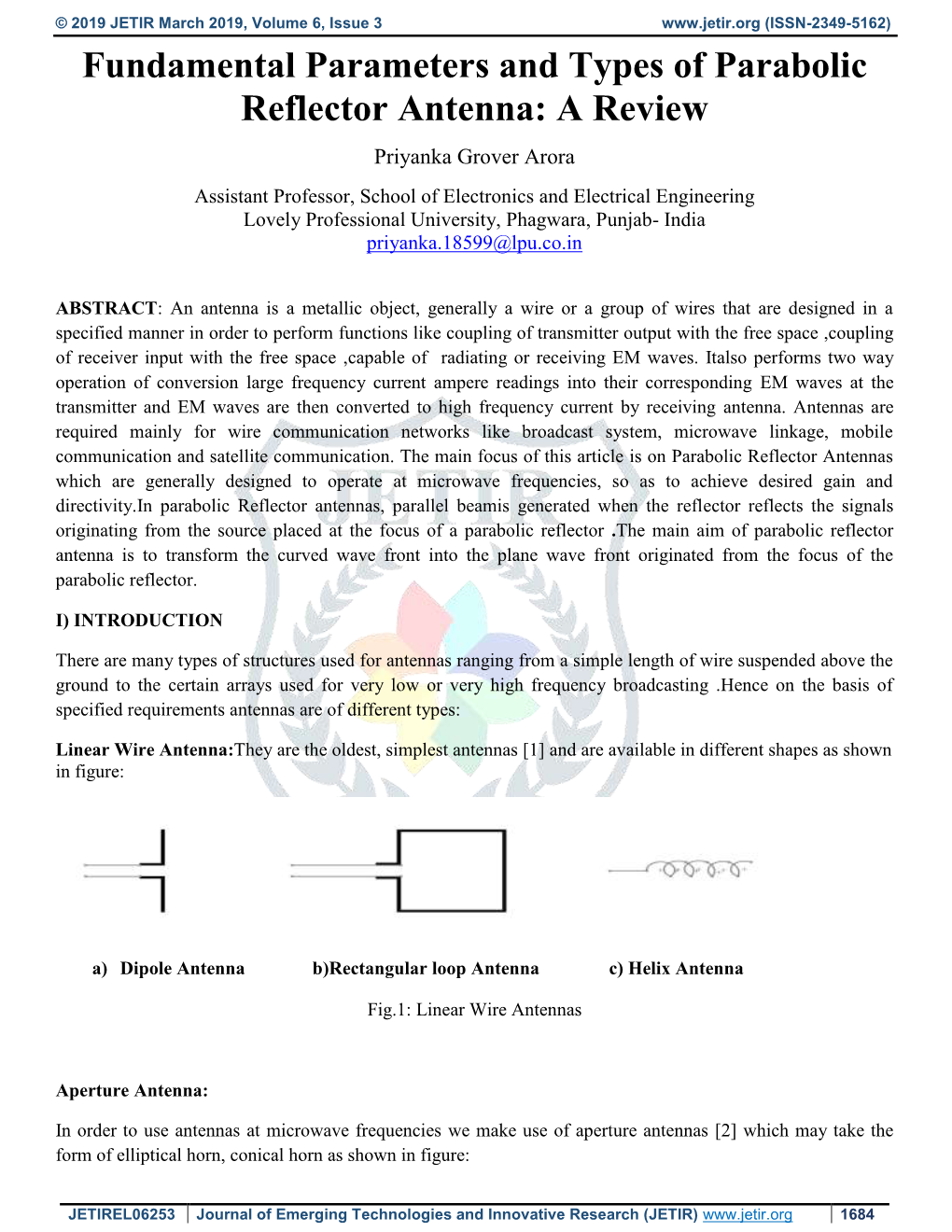 Fundamental Parameters and Types of Parabolic Reflector Antenna