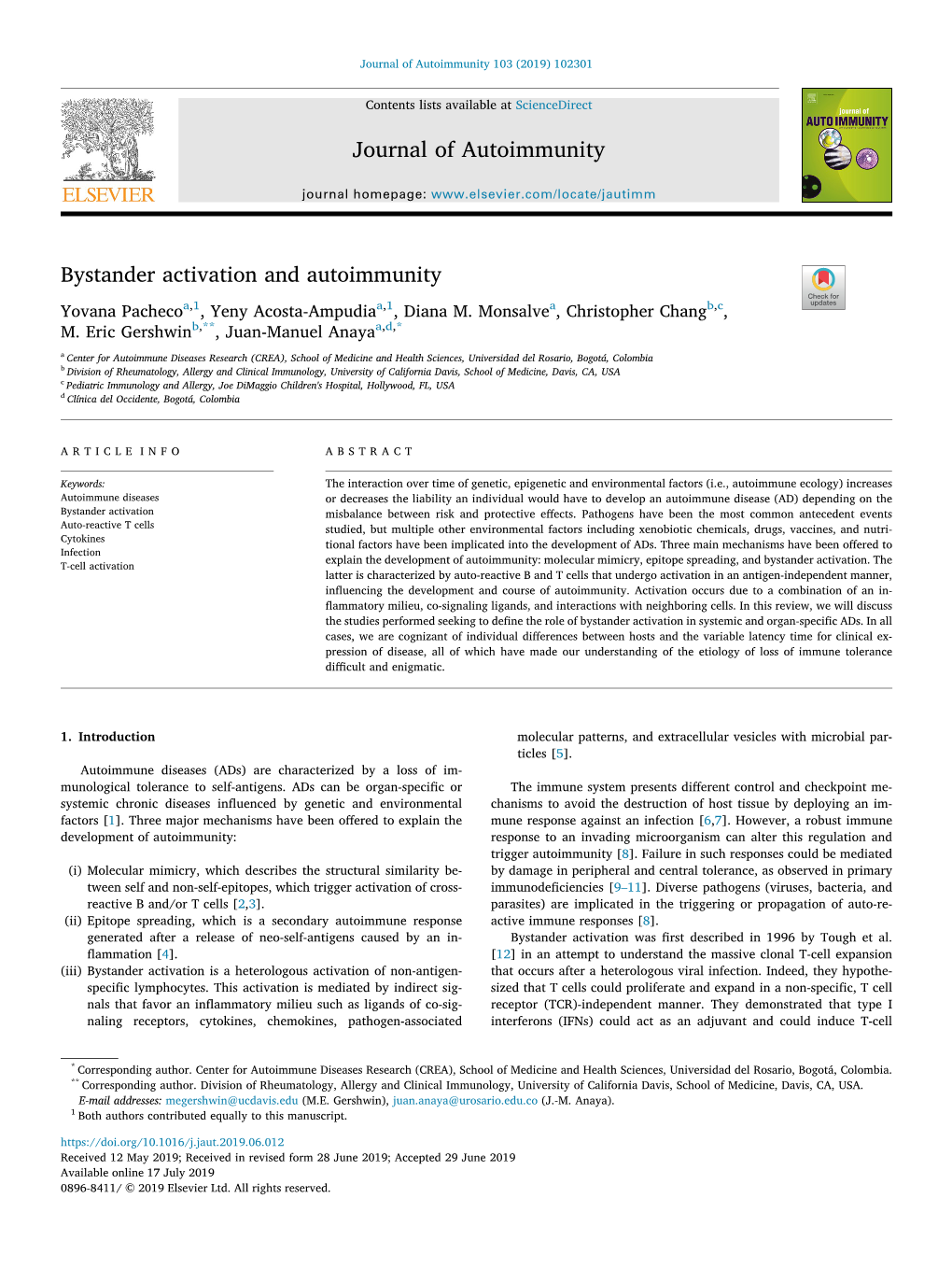 Bystander Activation and Autoimmunity T Yovana Pachecoa,1, Yeny Acosta-Ampudiaa,1, Diana M