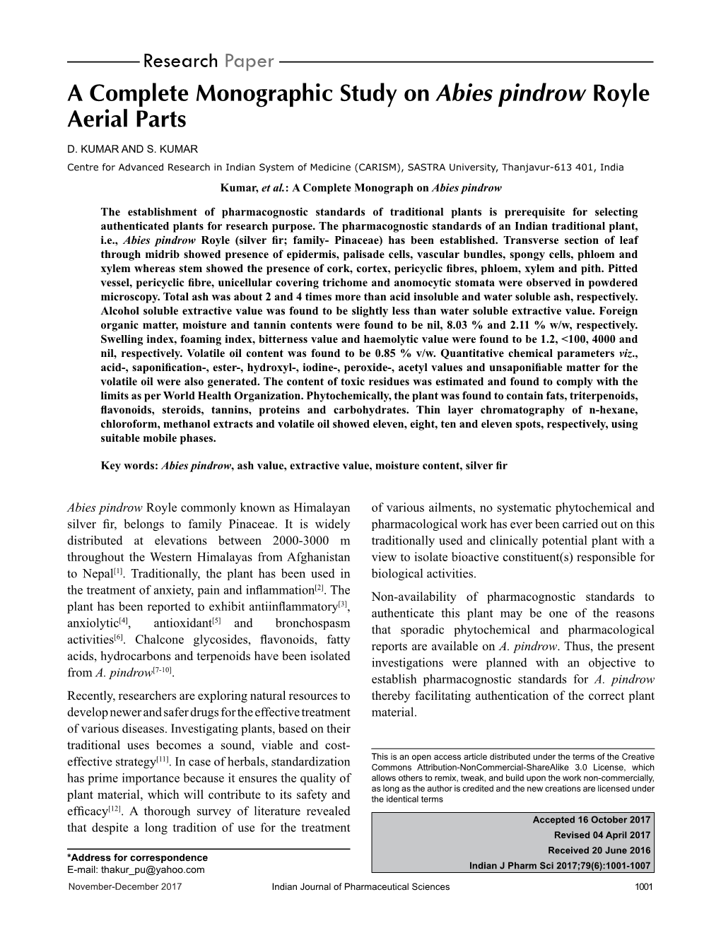 A Complete Monographic Study on Abies Pindrow Royle Aerial Parts