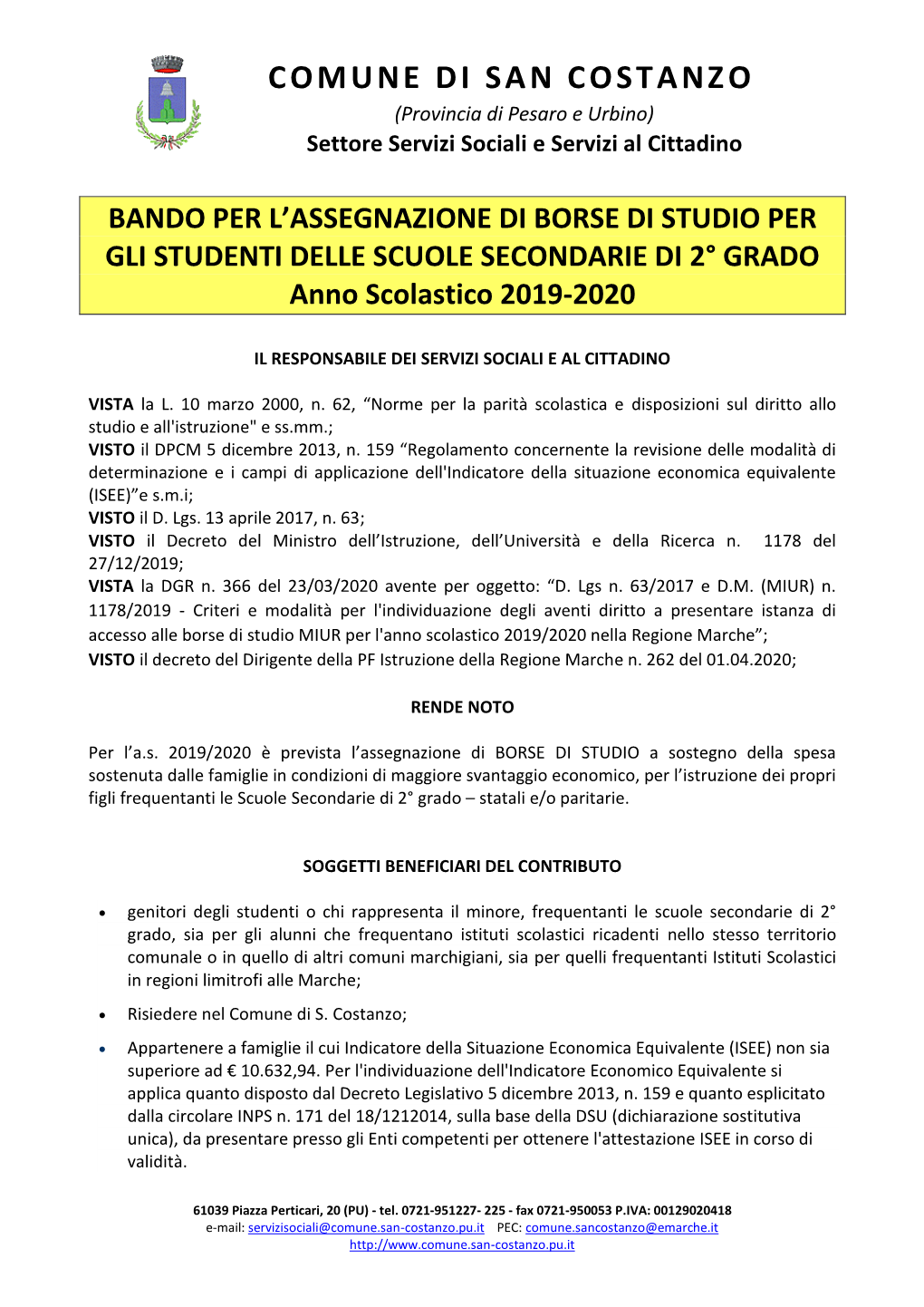 COMUNE DI SAN COSTANZO (Provincia Di Pesaro E Urbino) Settore Servizi Sociali E Servizi Al Cittadino