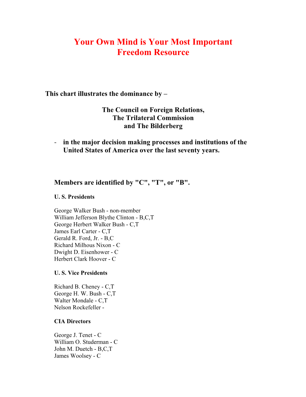 The Council on Foreign Relations, the Trilateral Commission and the Bilderberg