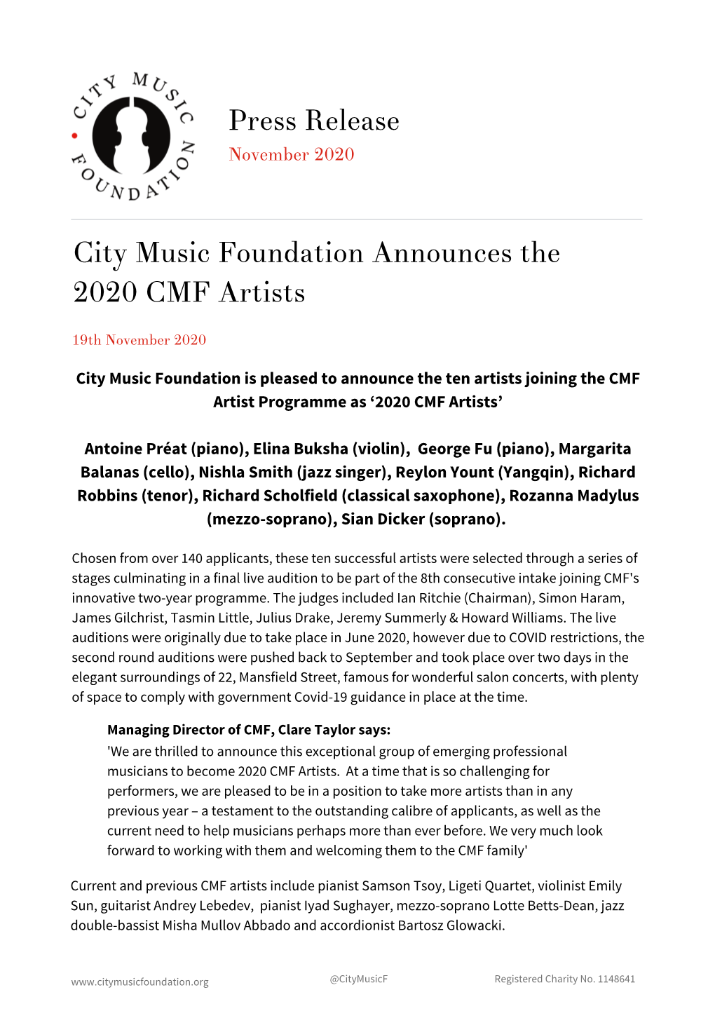 City Music Foundation 2020 New Artists Press Release