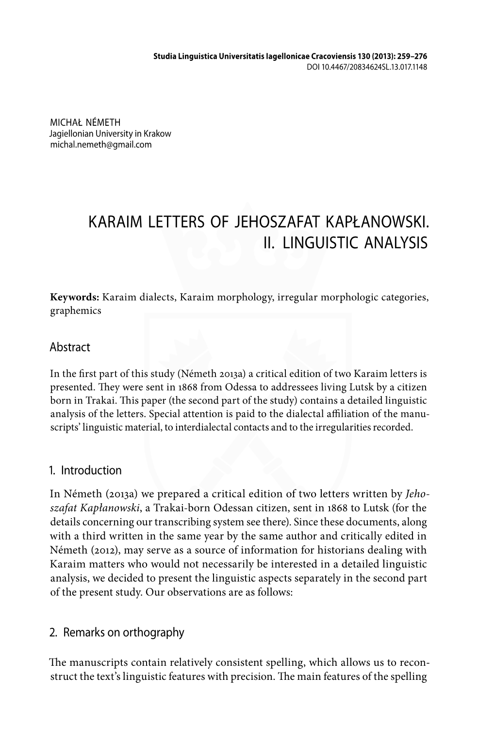 Karaim Letters of Jehoszafat Kapłanowski. Ii. Linguistic Analysis