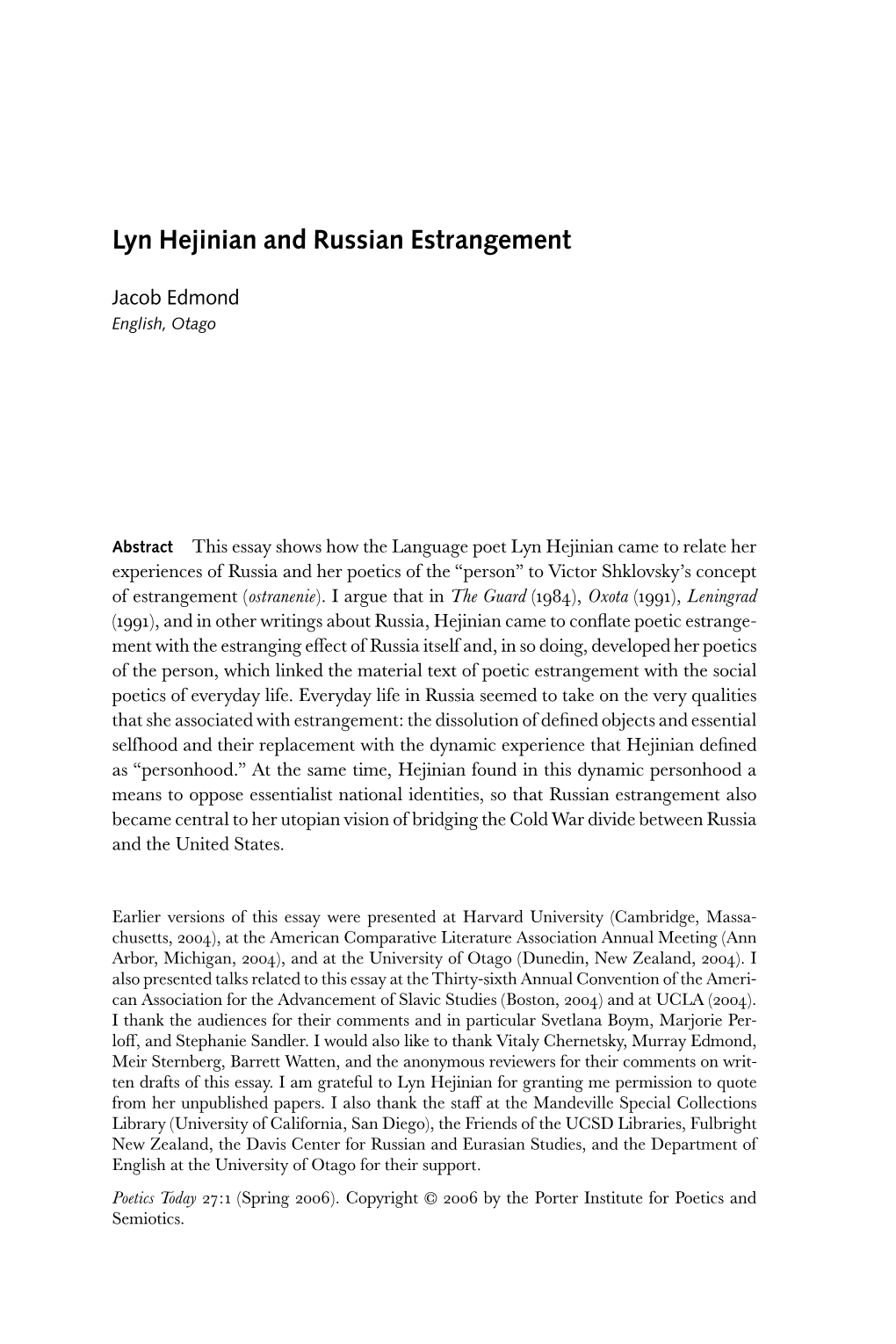 Lyn Hejinian and Russian Estrangement