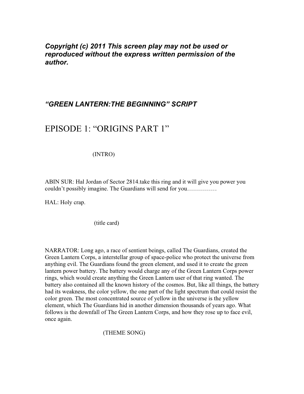 “Green Lantern:The Beginning” Script