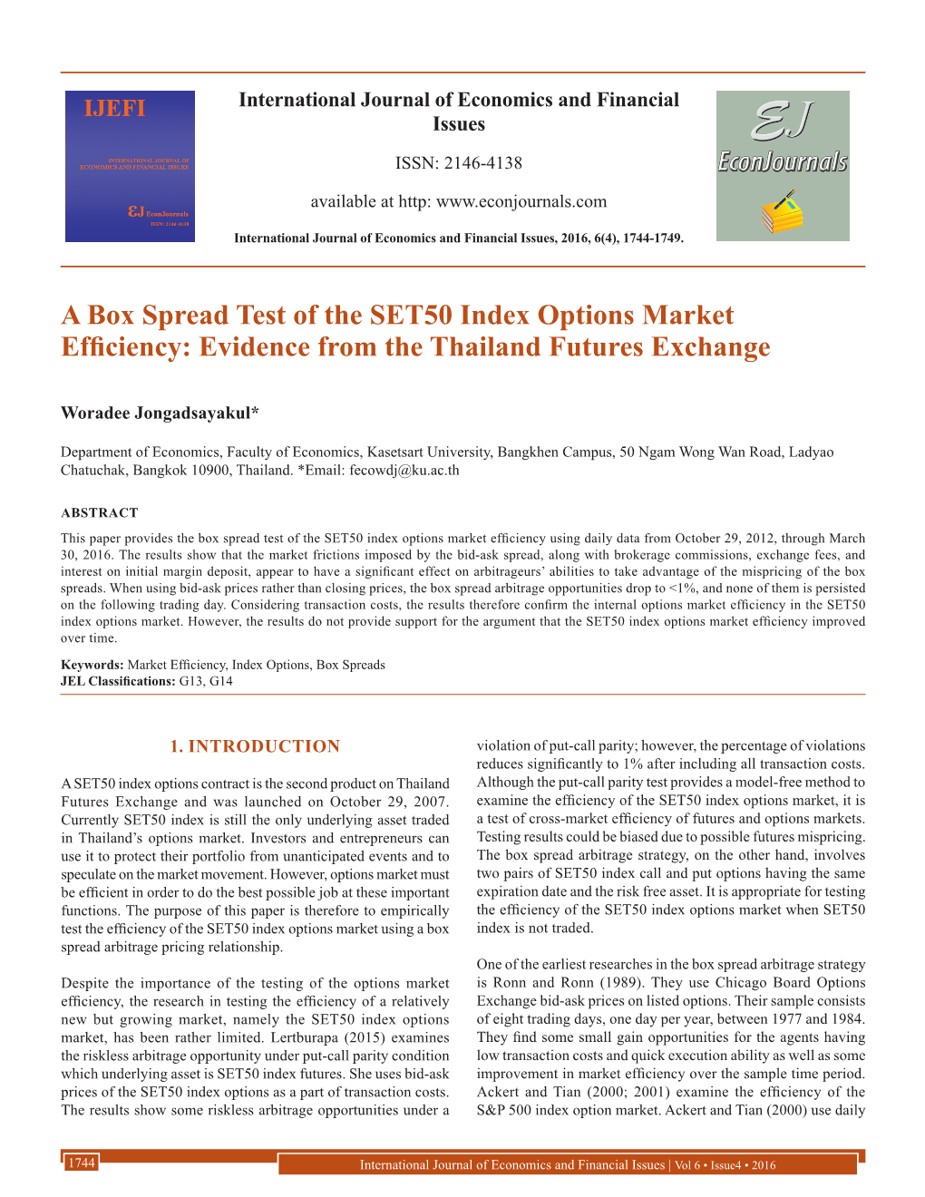A Box Spread Test of the SET50 Index Options Market Efficiency: Evidence from the Thailand Futures Exchange