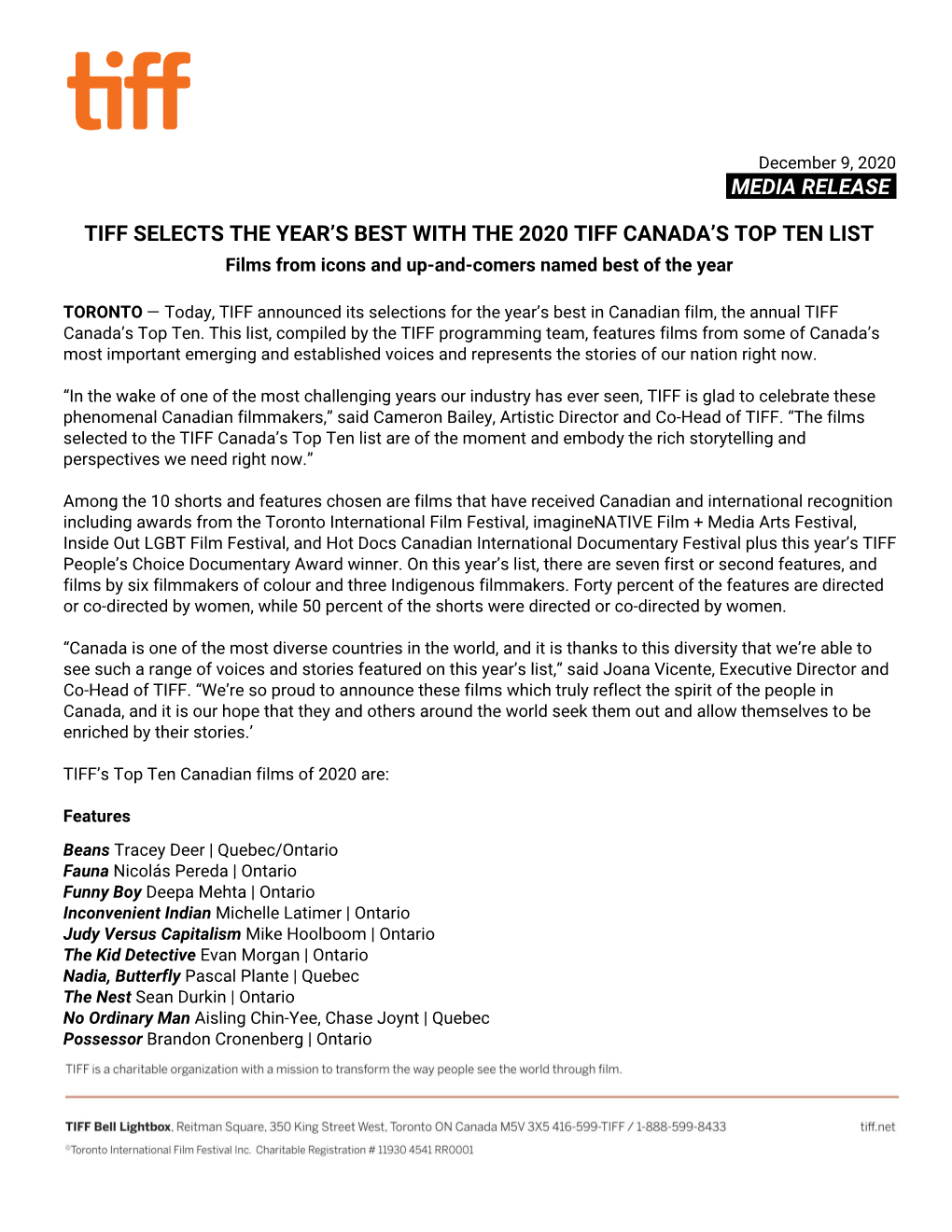 Media Release​. Tiff Selects the Year's Best with the 2020