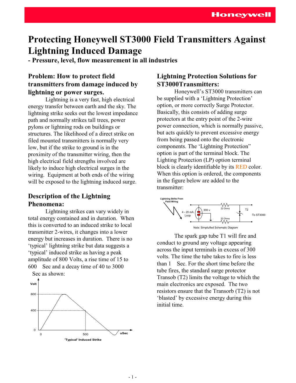 Protecting Honeywell ST3000 Field Transmitters Against Lightning Induced Damage - Pressure, Level, Flow Measurement in All Industries