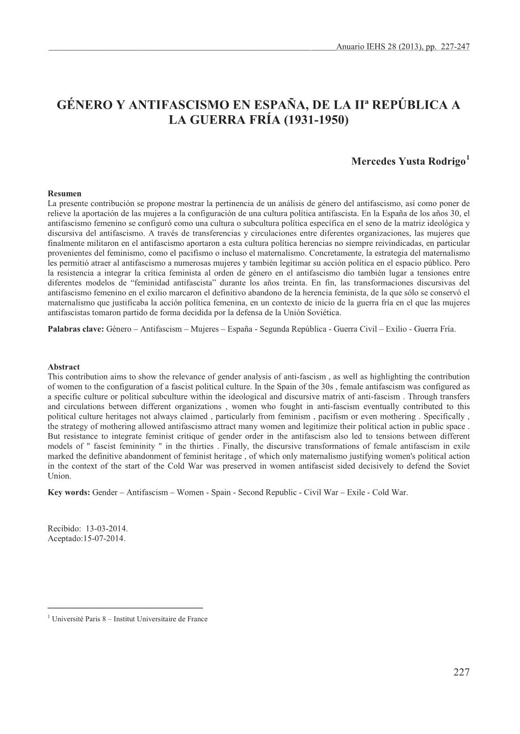 Género Y Antifascismo En España, De La Iiª República a La Guerra Fría (1931-1950)