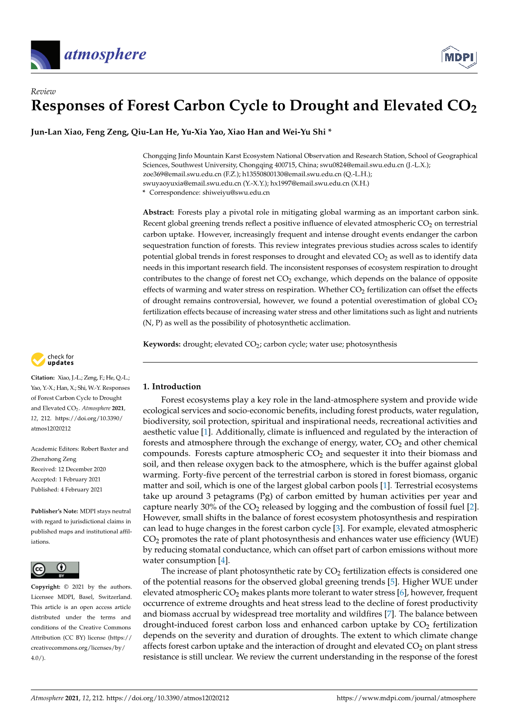 Responses of Forest Carbon Cycle to Drought and Elevated CO2