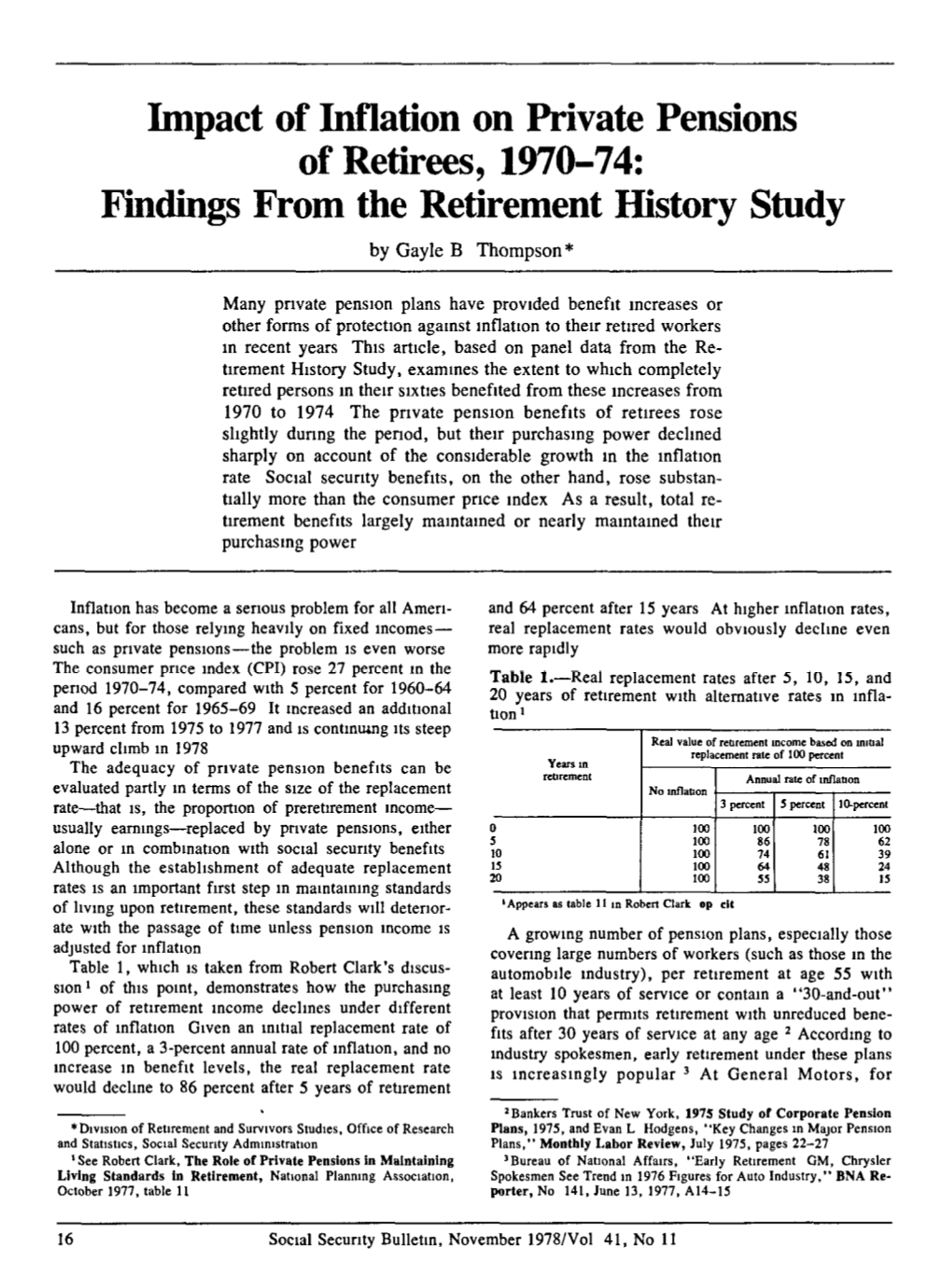 Impact of Inflation on Private Pensions of Retirees, 1970–74: Findings from the Retirement History Study