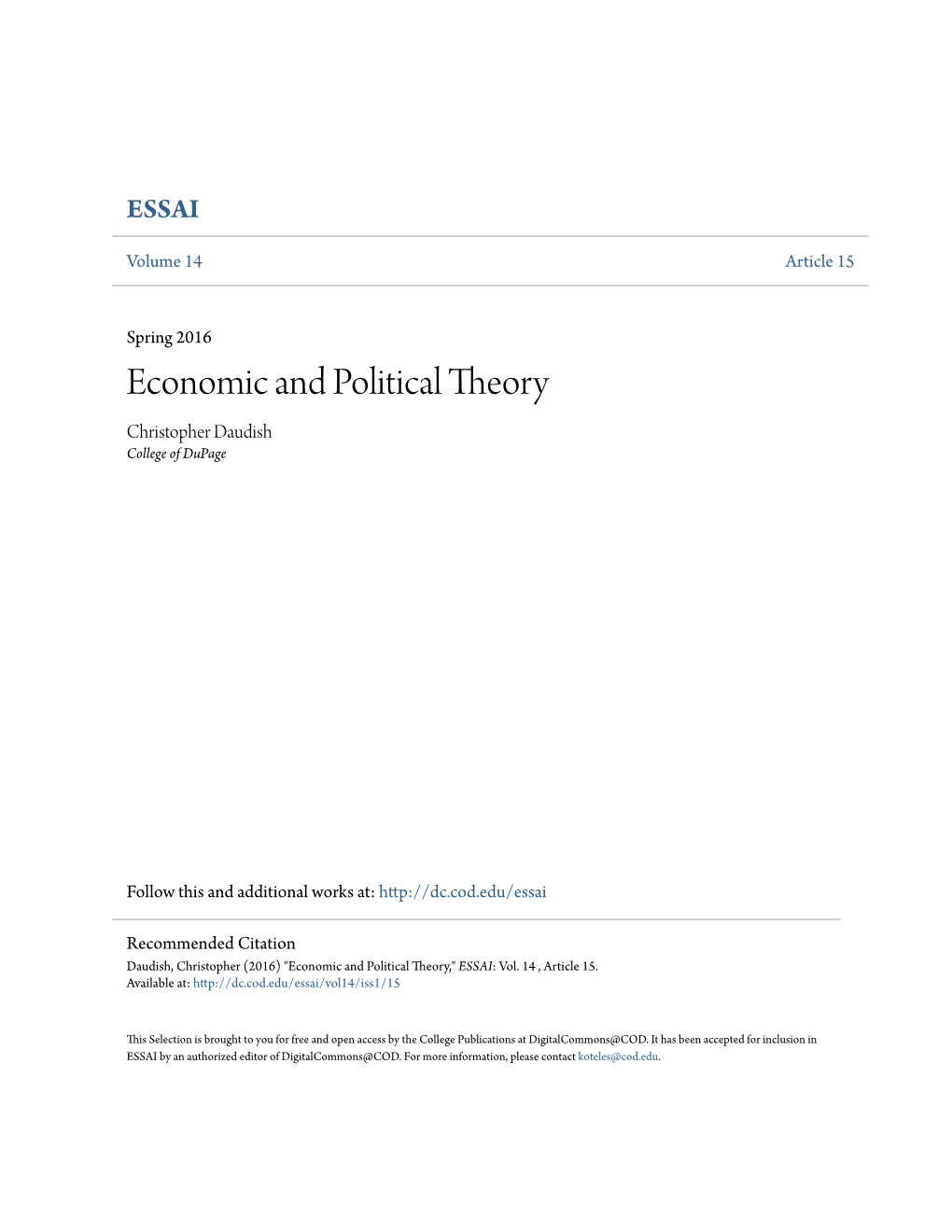 Economic and Political Theory Christopher Daudish College of Dupage