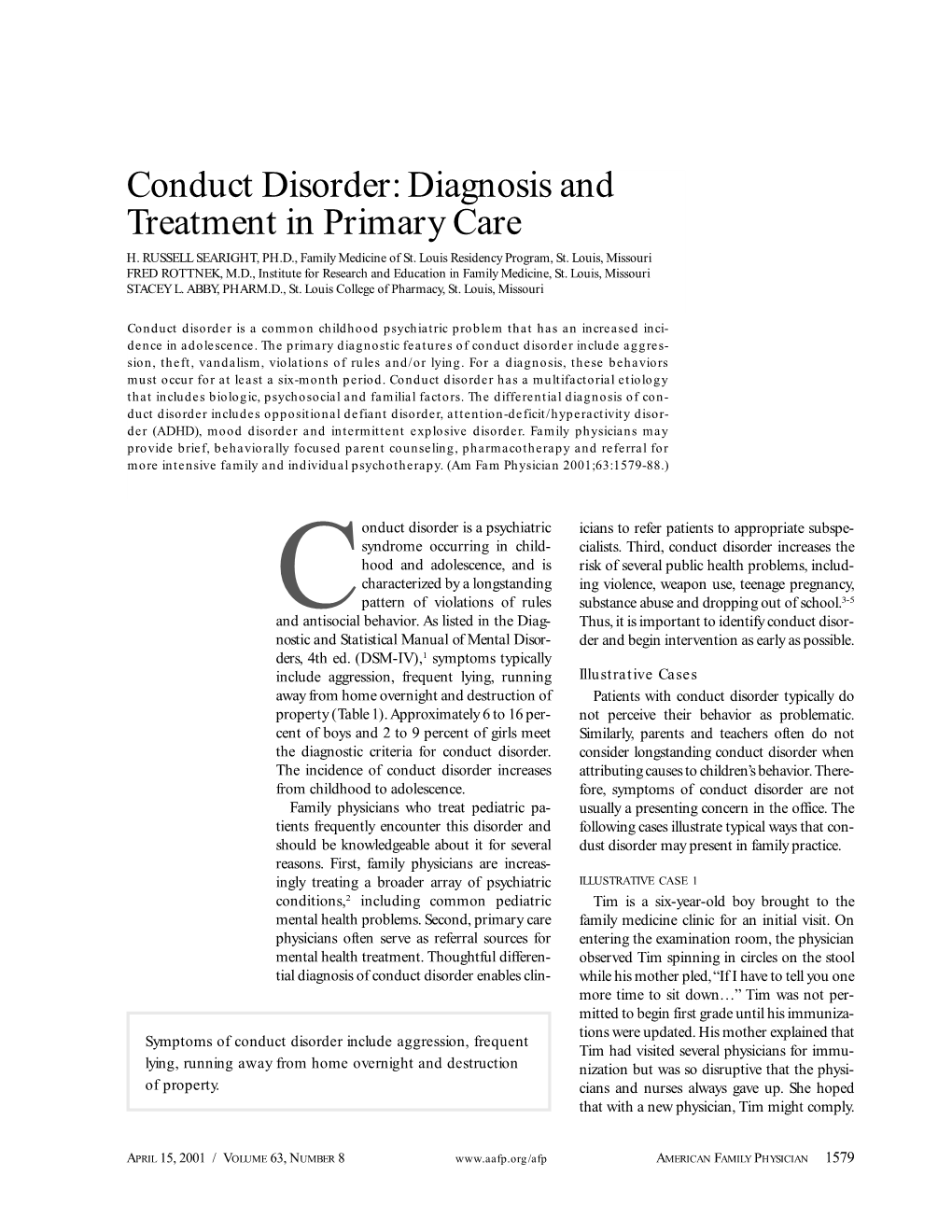 Conduct Disorder: Diagnosis and Treatment in Primary Care H