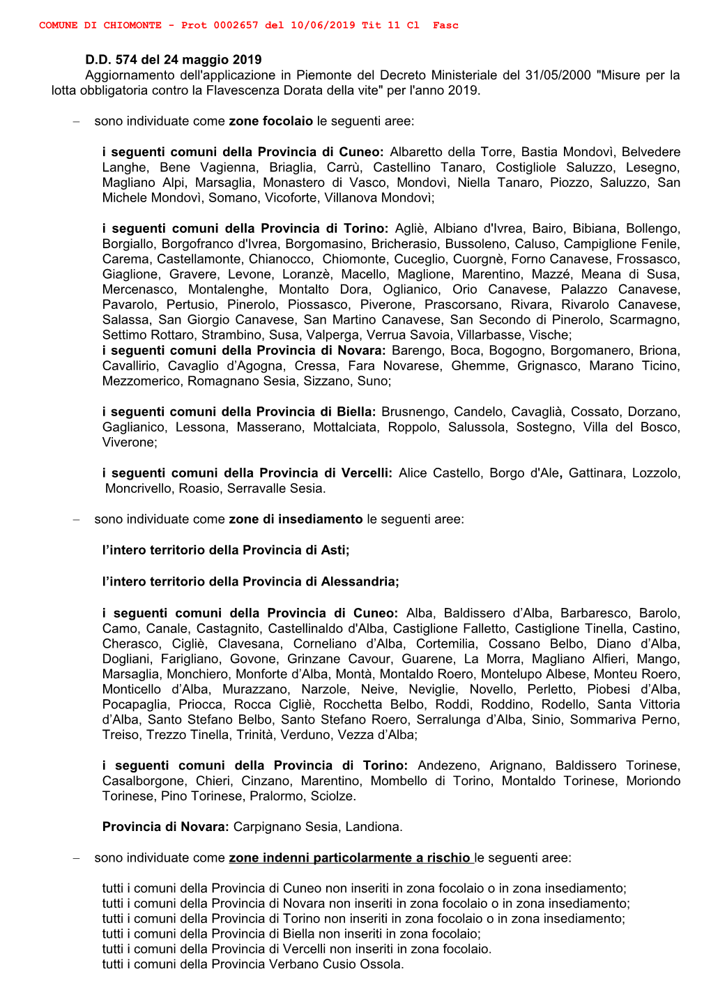 D.D. 574 Del 24 Maggio 2019 Aggiornamento Dell'applicazione in Piemonte Del Decreto Ministeriale Del 31/05/2000 