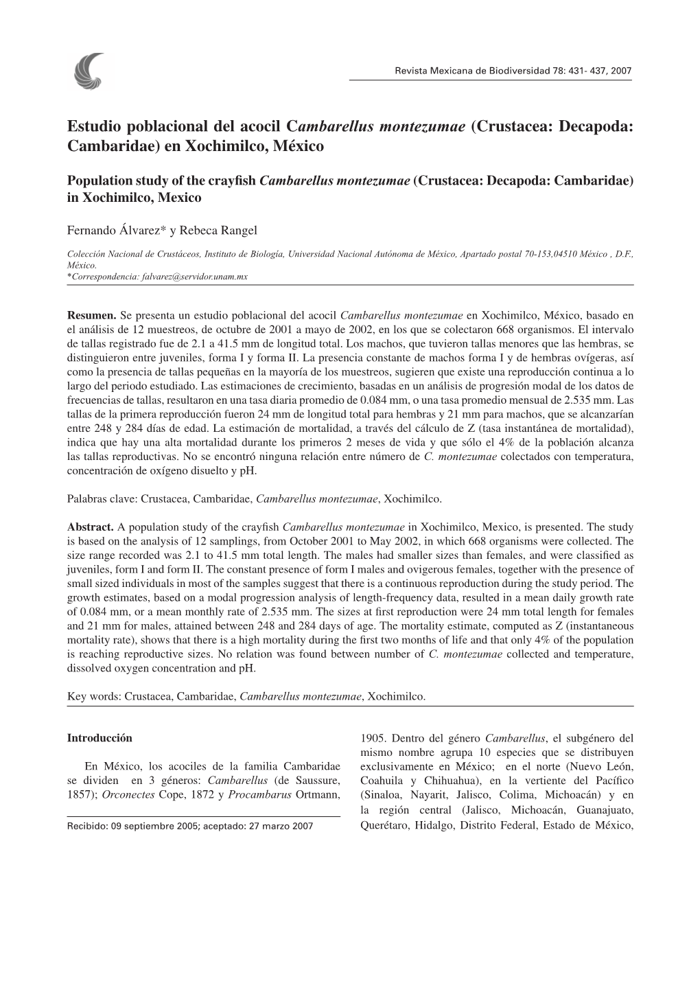 Estudio Poblacional Del Acocil Cambarellus Montezumae (Crustacea: Decapoda: Cambaridae) En Xochimilco, México