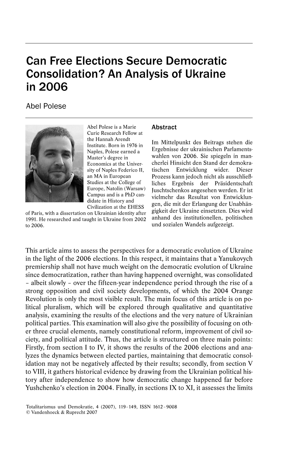 Can Free Elections Secure Democratic Consolidation? an Analysis of Ukraine in 2006