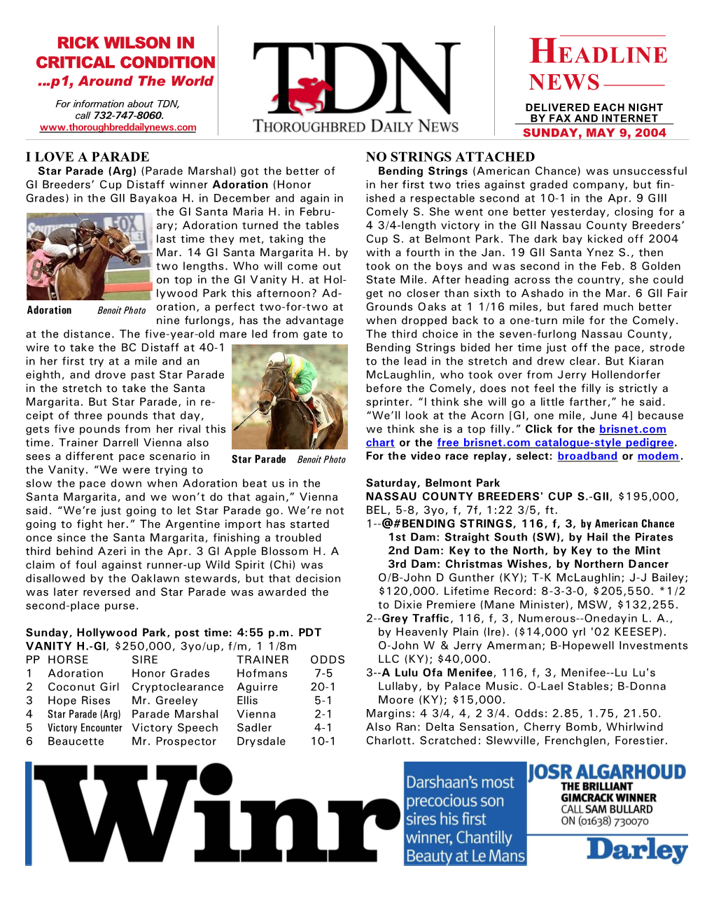 HEADLINE ...P1, Around the World NEWS for Information About TDN, DELIVERED EACH NIGHT Call 732-747-8060