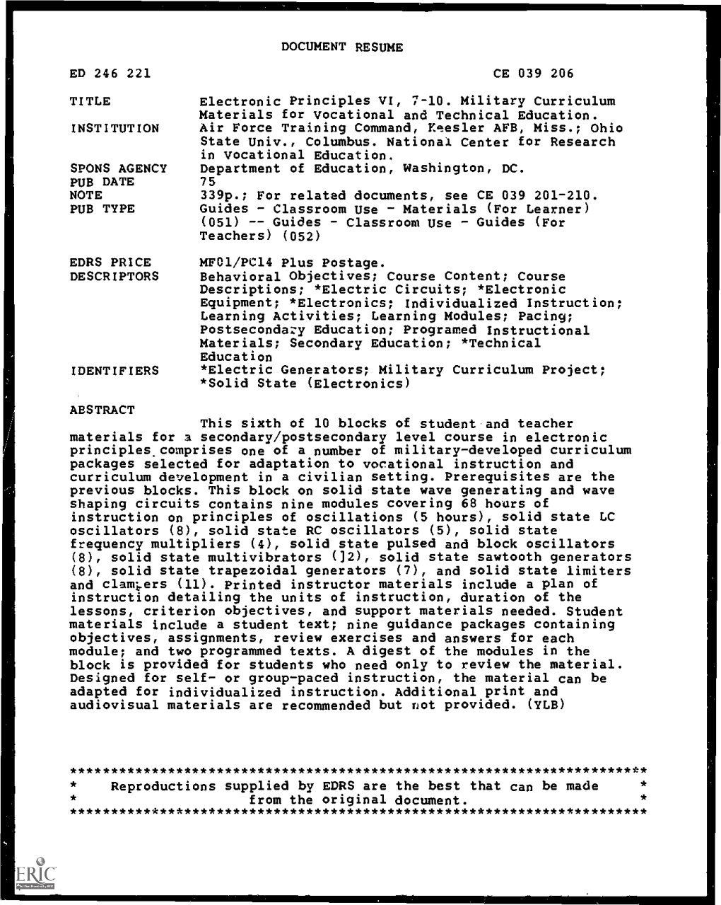 Electronic Principles VI, 7-10. Military Curriculum Materials for Vocational and Technical Education