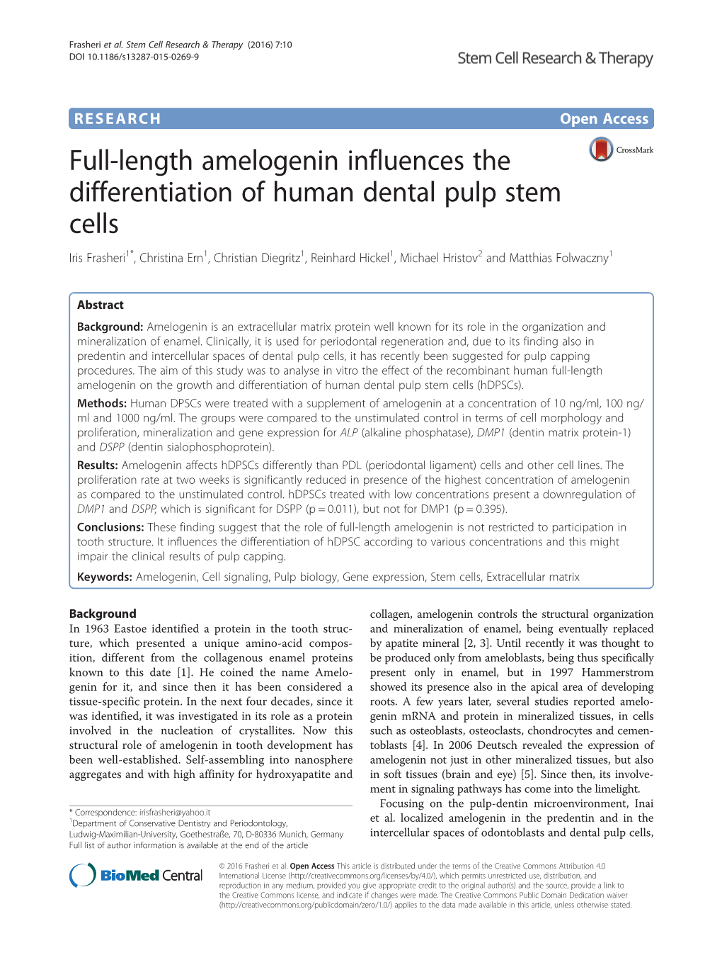Full-Length Amelogenin Influences the Differentiation of Human Dental Pulp