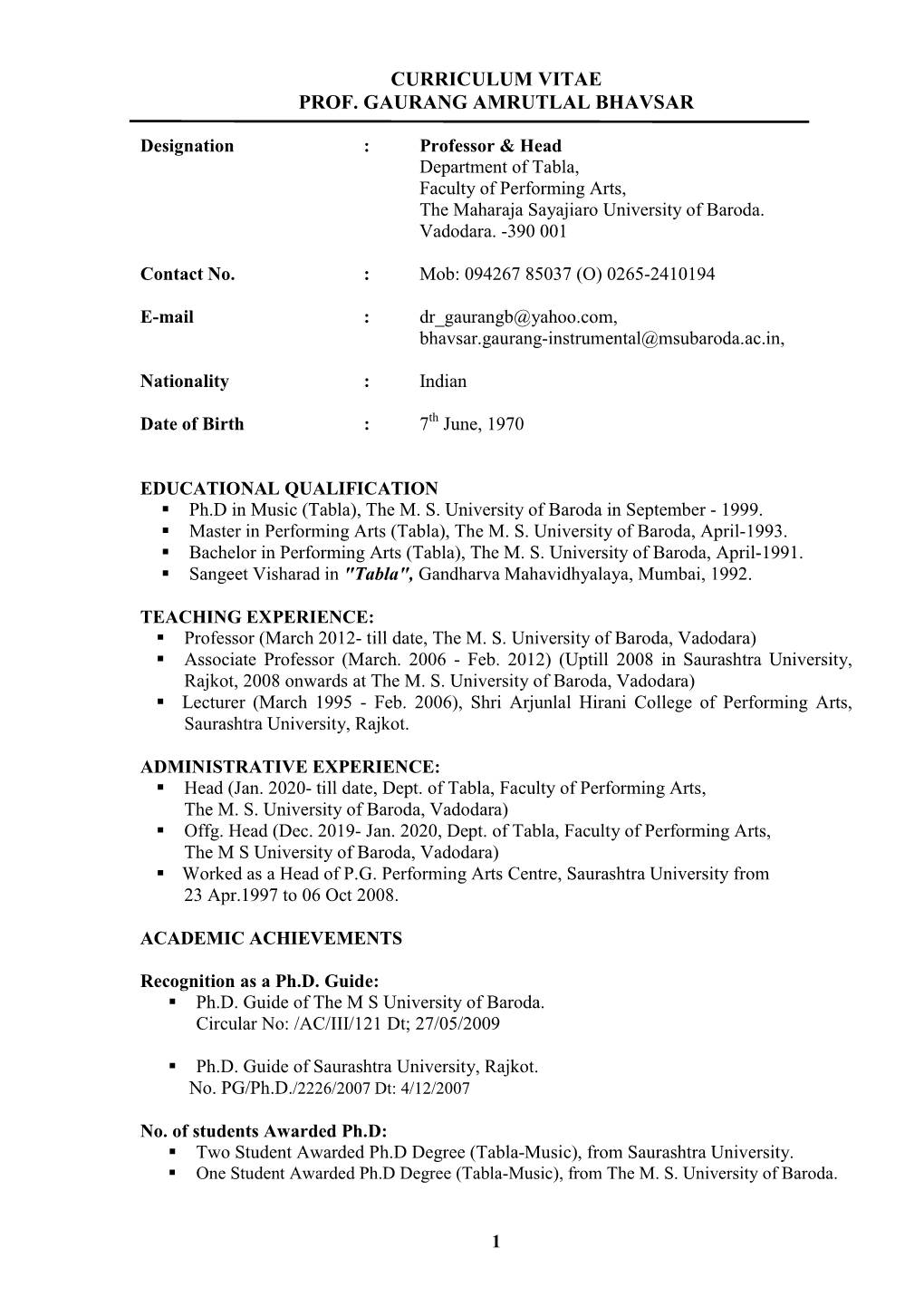 Curriculum Vitae Prof. Gaurang Amrutlal Bhavsar