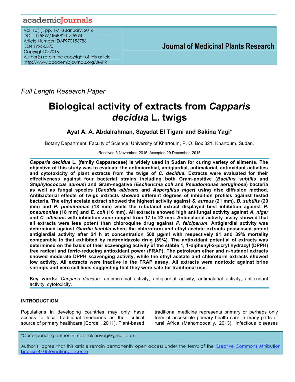 Biological Activity of Extracts from Capparis Decidua L. Twigs