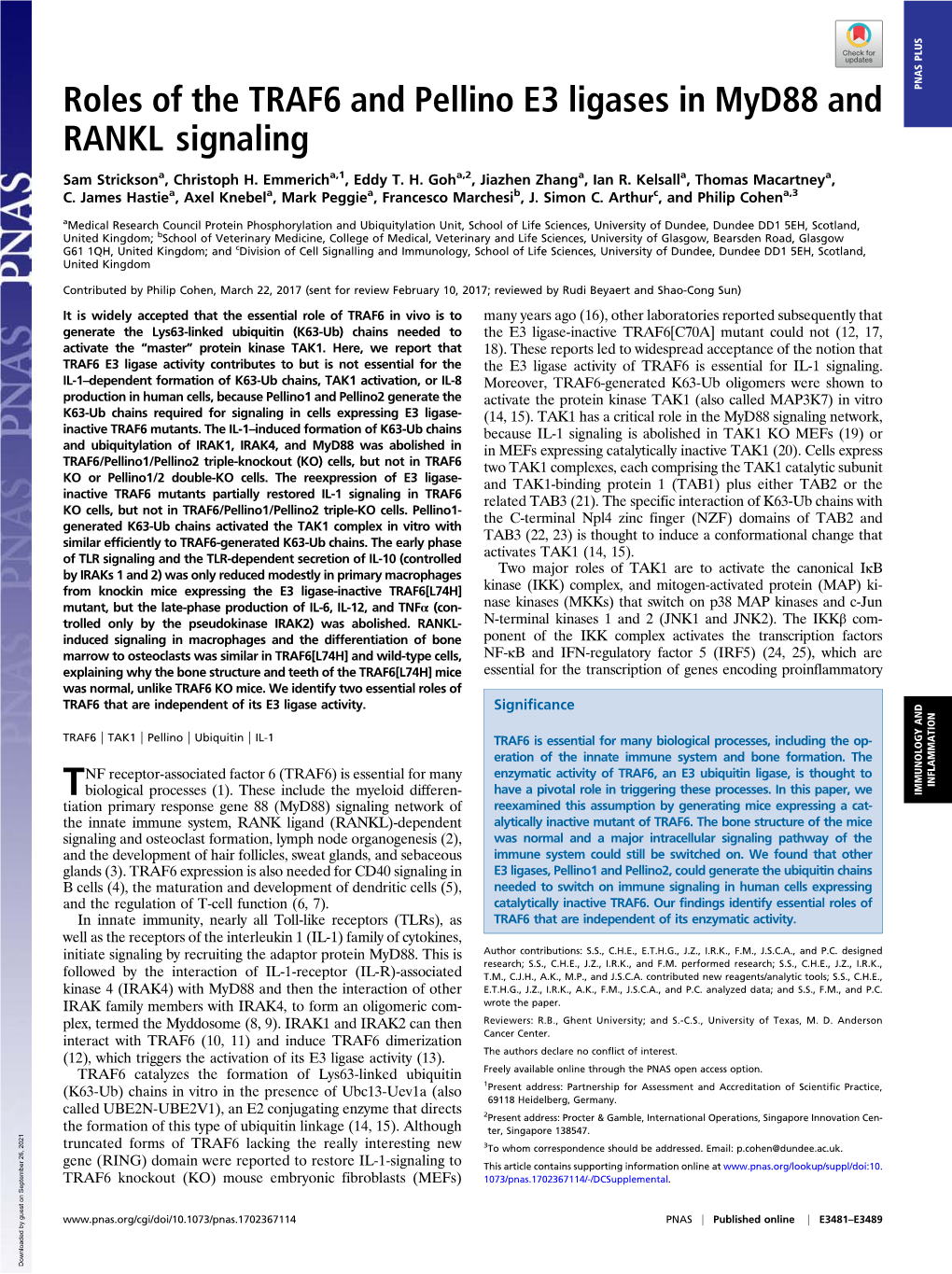 Roles of the TRAF6 and Pellino E3 Ligases in Myd88 and RANKL