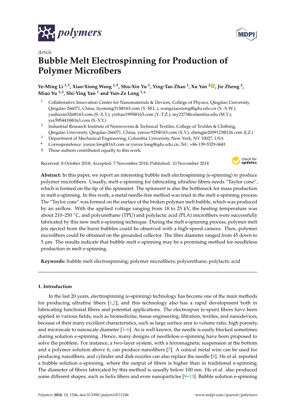 Bubble Melt Electrospinning for Production of Polymer Microfibers