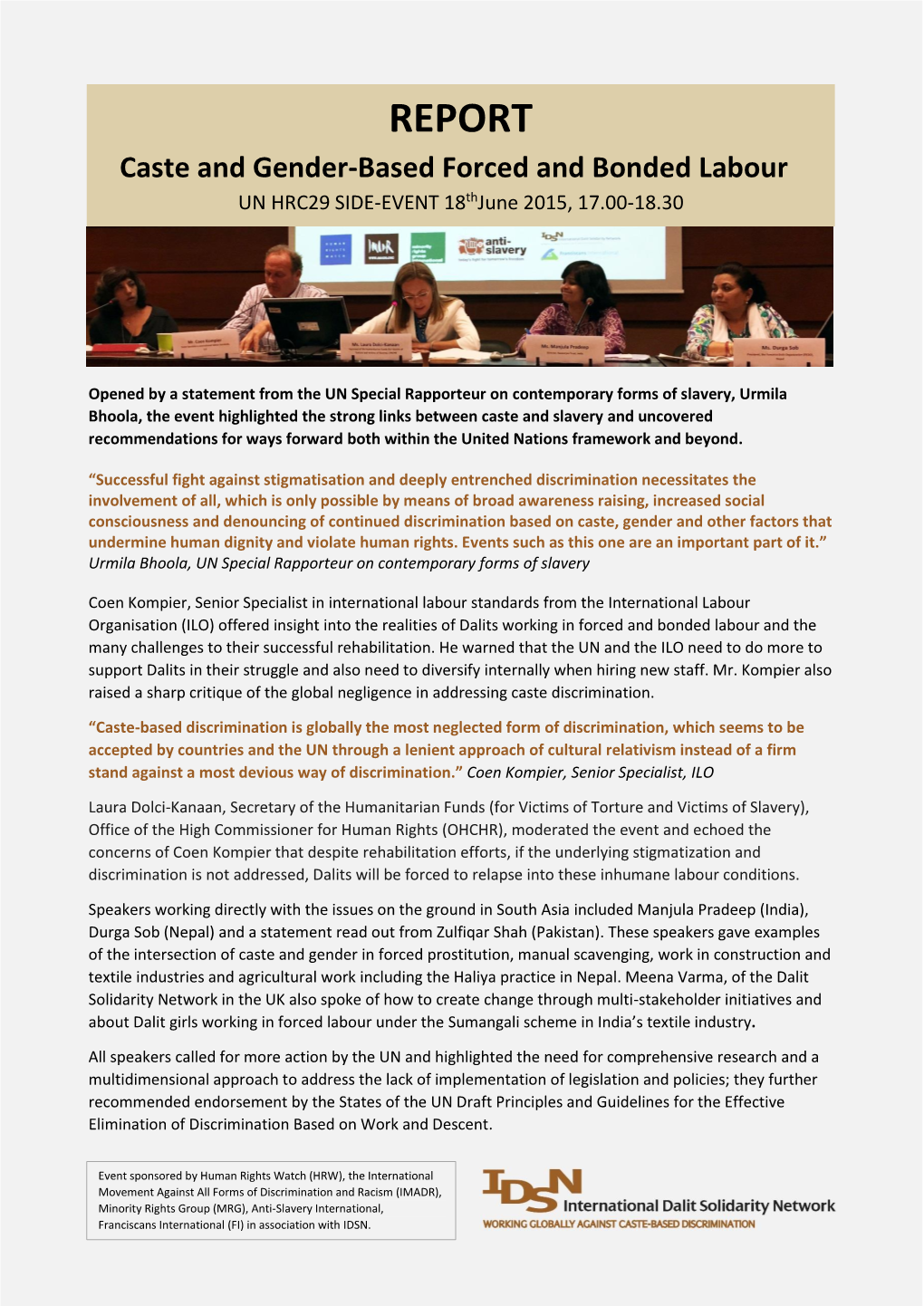 Caste and Gender-Based Forced and Bonded Labour Th UN HRC29 SIDE-EVENT 18 June 2015, 17.00-18.30