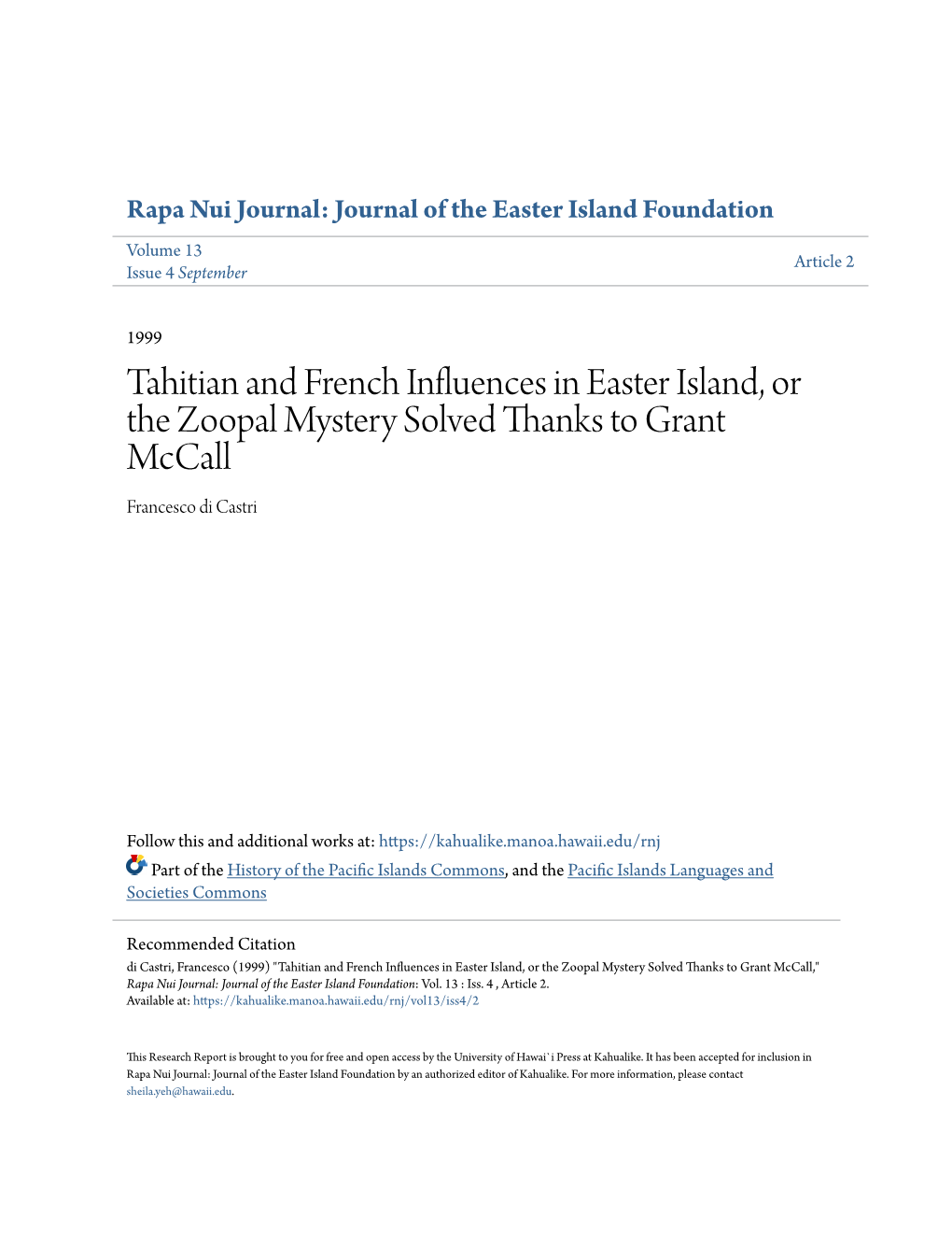 Tahitian and French Influences in Easter Island, Or the Zoopal Mystery Solved Thanks to Grant Mccall Francesco Di Castri