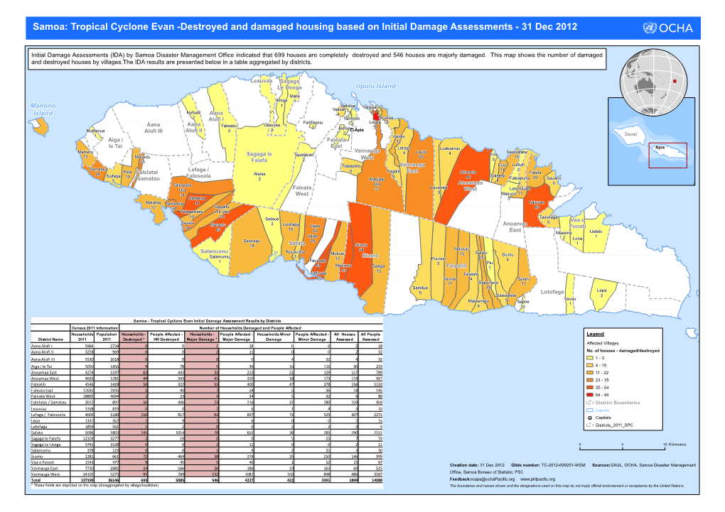Samoa: Tropical Cyclone Evan -Destroyed and Damaged Housing Based on Initial Damage Assessments - 31 Dec 2012