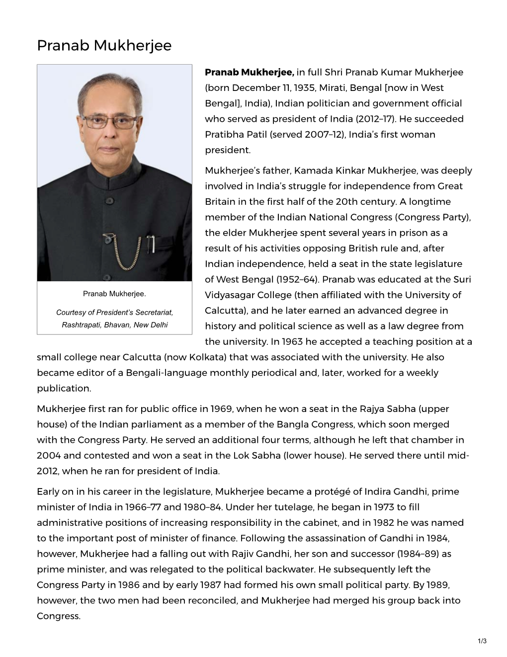 Pranab Mukherjee -- Britannica Online Encyclopedia