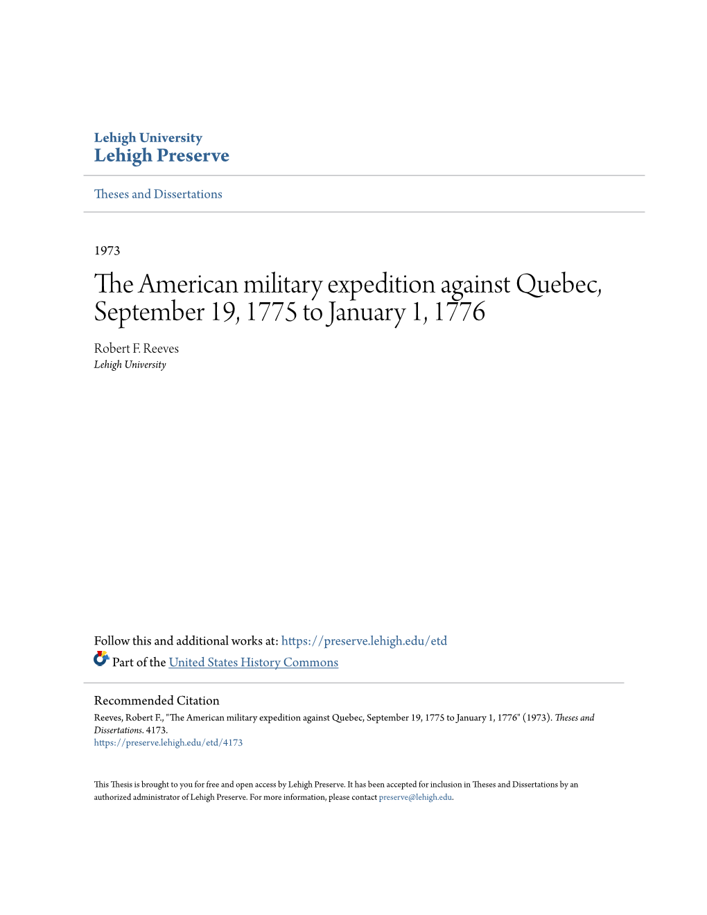 The American Military Expedition Against Quebec, September 19, 1775 to January 1, 1776 Robert F