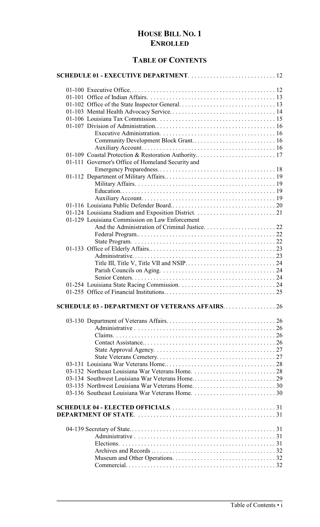 House Bill No. 1 Enrolled Table of Contents