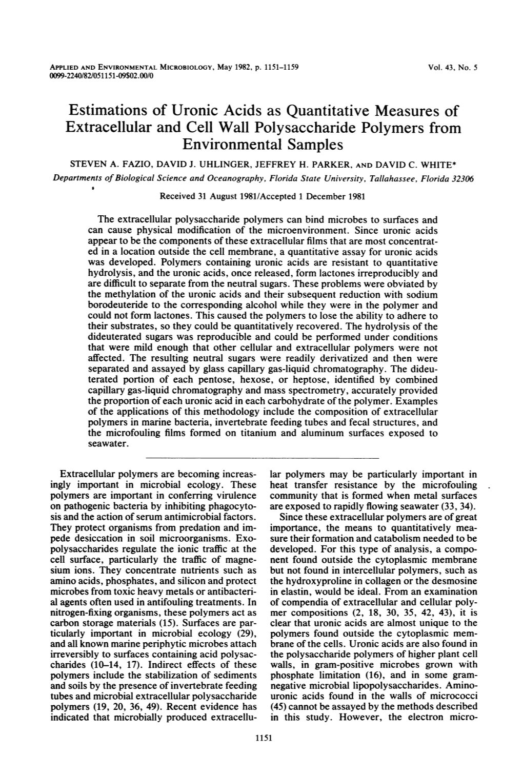 Estimations of Uronic Acids As Quantitative Measures of Extracellular and Cell Wall Polysaccharide Polymers from Environmental Samples