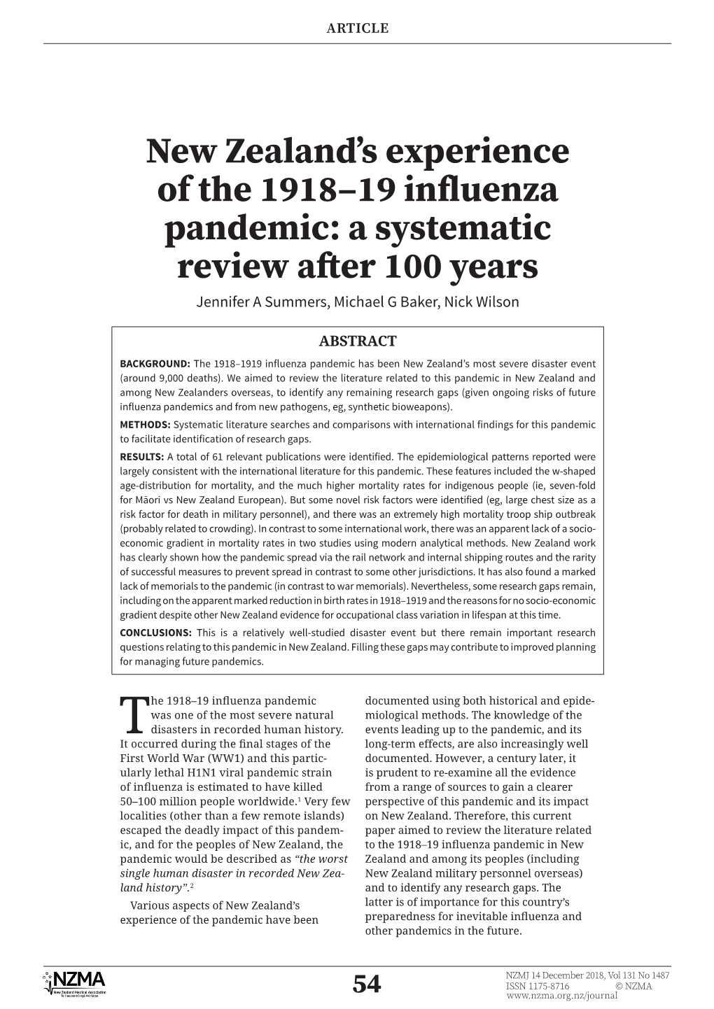 New Zealand's Experience of the 1918–19 in Uenza Pandemic