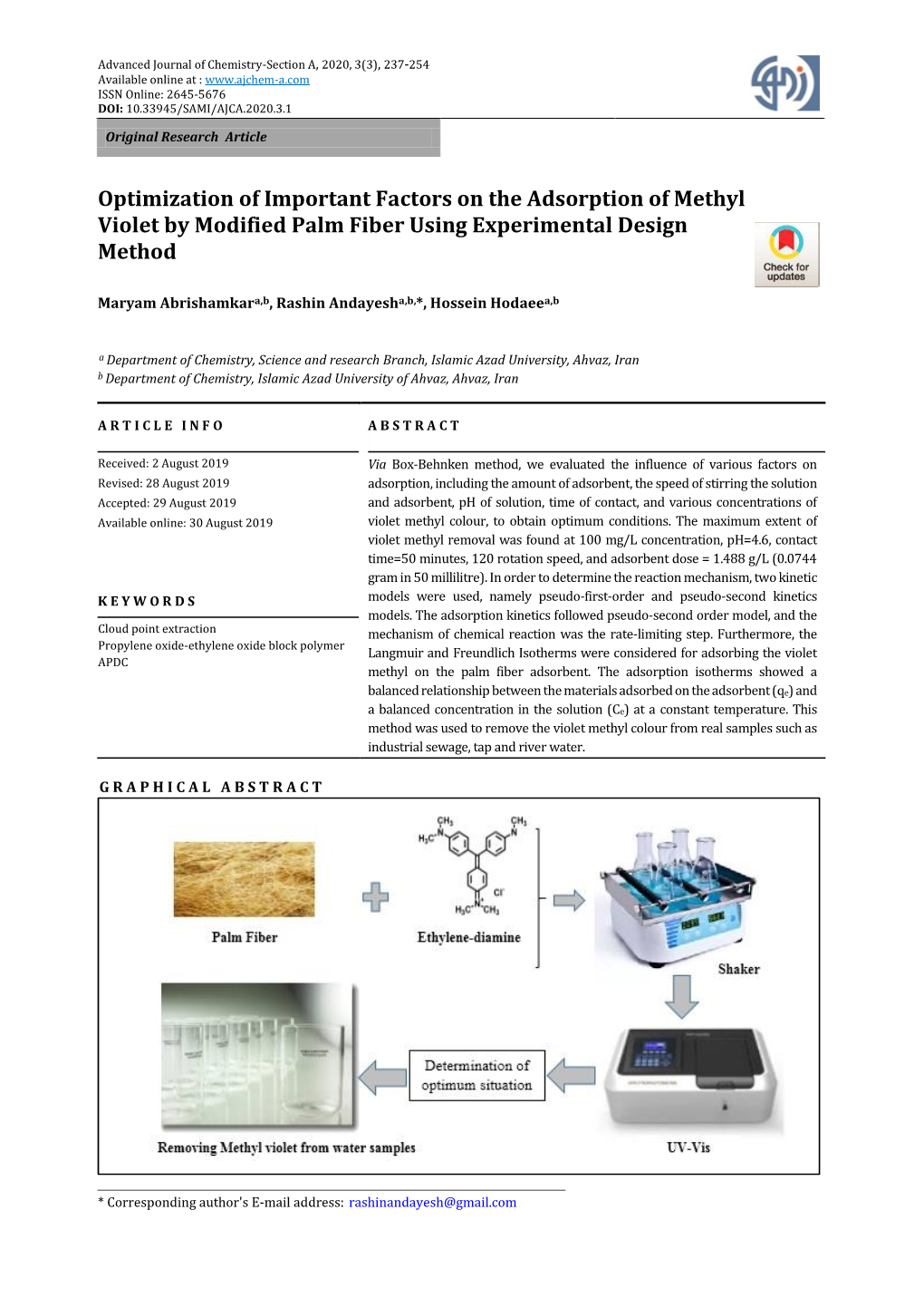 Optimization of Important Factors on the Adsorption of Methyl Violet by Modified Palm Fiber Using Experimental Design Method
