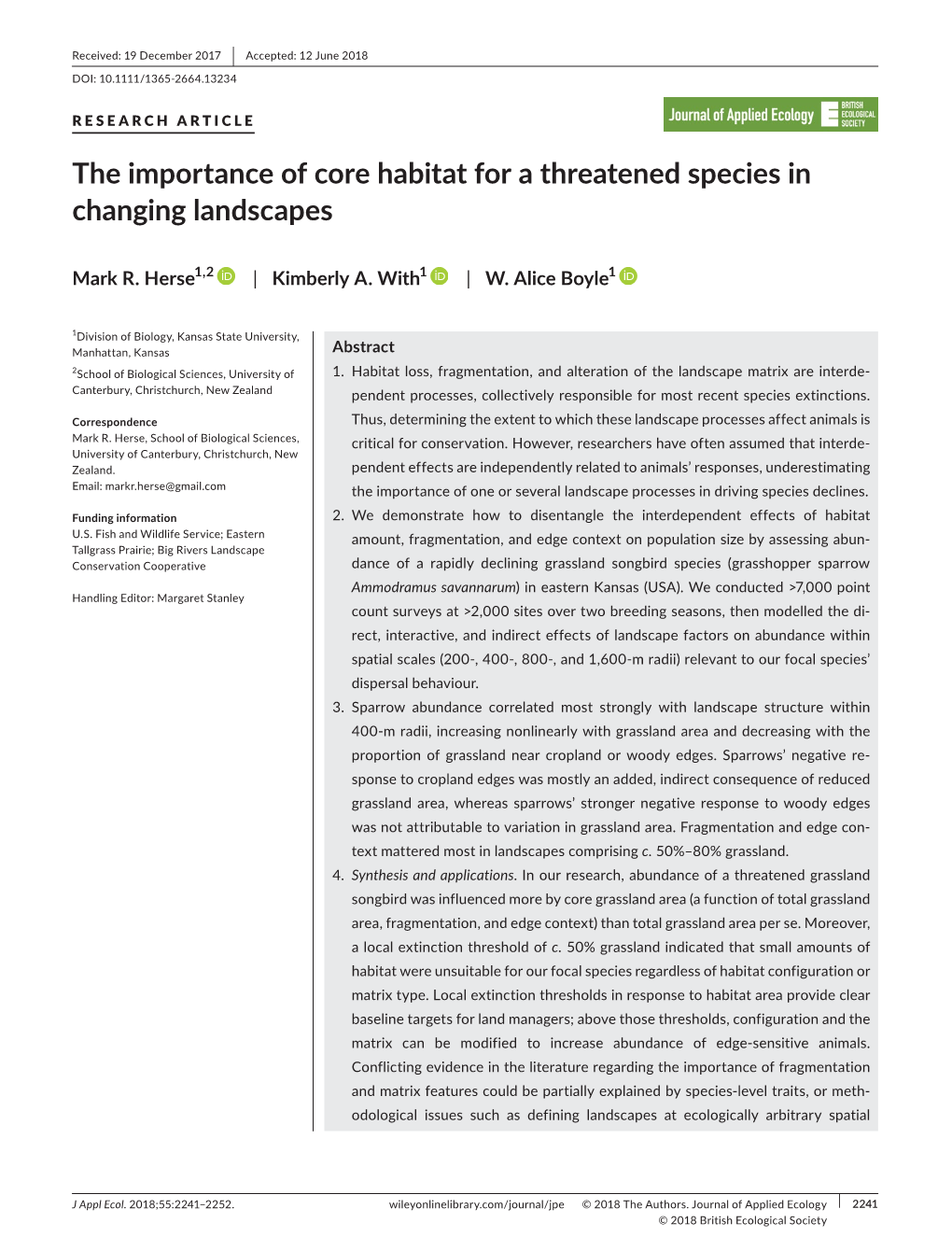 The Importance of Core Habitat for a Threatened Species in Changing Landscapes