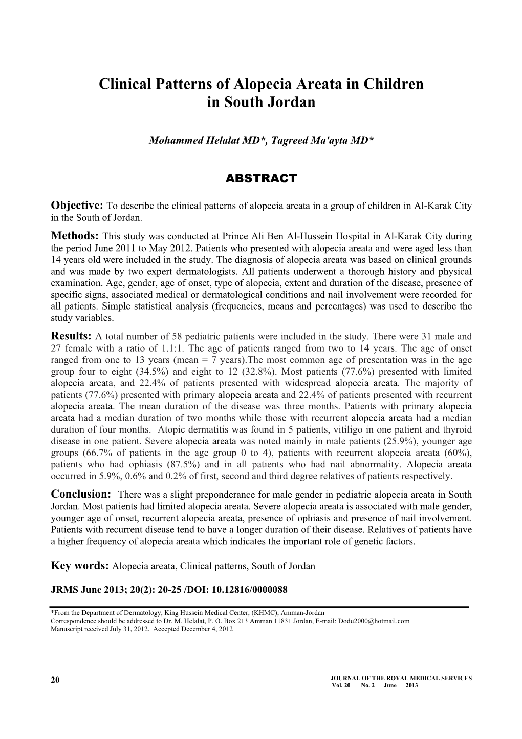 Clinical Patterns of Alopecia Areata in Children in South Jordan