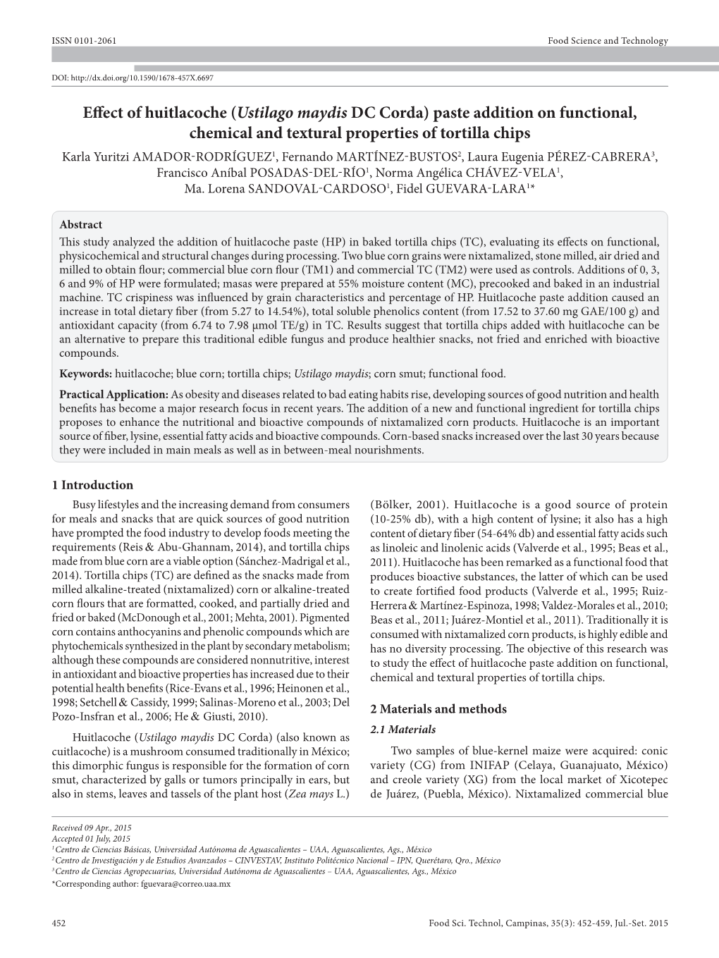 Paste Addition on Functional, Chemical and Textural Properties of Tortilla Chip