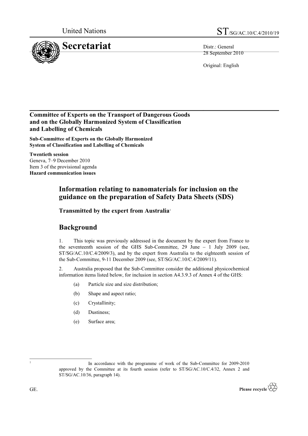 Committee of Experts on the Transport of Dangerous Goods and on the Globally Harmonized s1