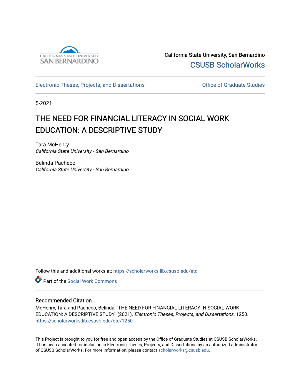 The Need for Financial Literacy in Social Work Education: a Descriptive Study