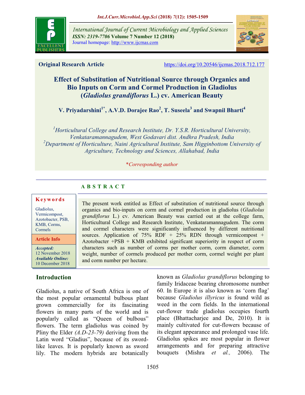 Effect of Substitution of Nutritional Source Through Organics and Bio Inputs on Corm and Cormel Production in Gladiolus (Gladiolus Grandiflorus L.) Cv