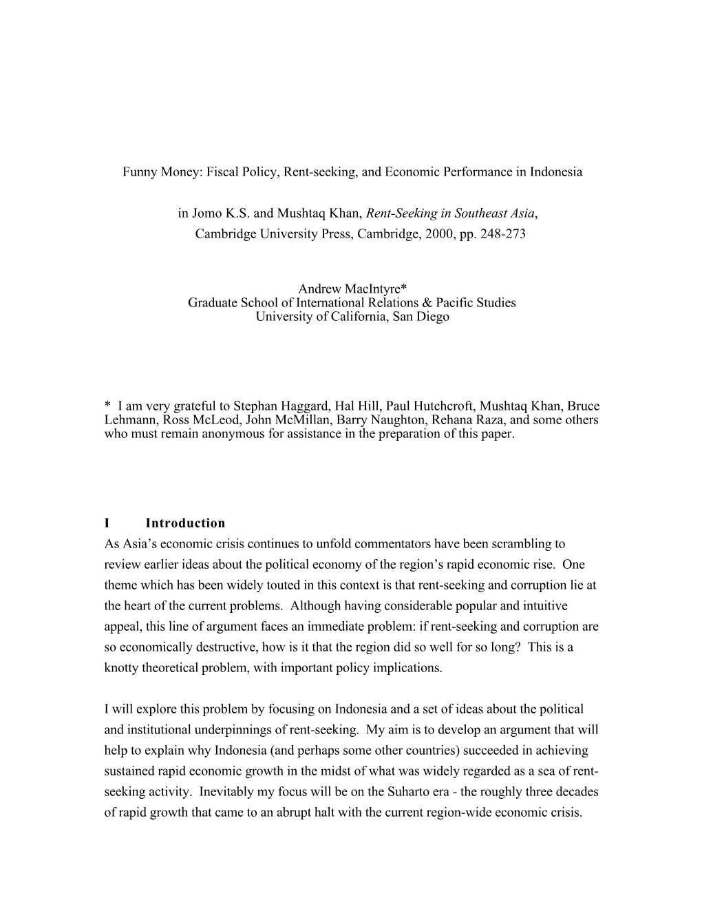 Fiscal Policy, Rent-Seeking, and Economic Performance in Indonesia