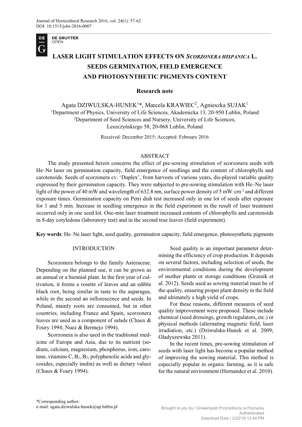 Laser Light Stimulation Effects on Scorzonera Hispanica L